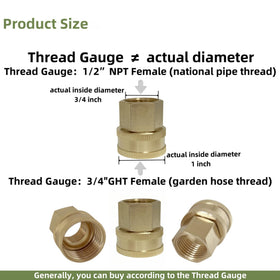 Maferliy brass connector, 3/4 GHT male to 1/2 NPT female, versatile use.