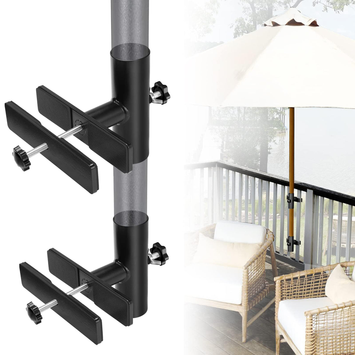 Magacyo adjustable umbrella holder rail clamp keeps shade attached to railing, easy to install.