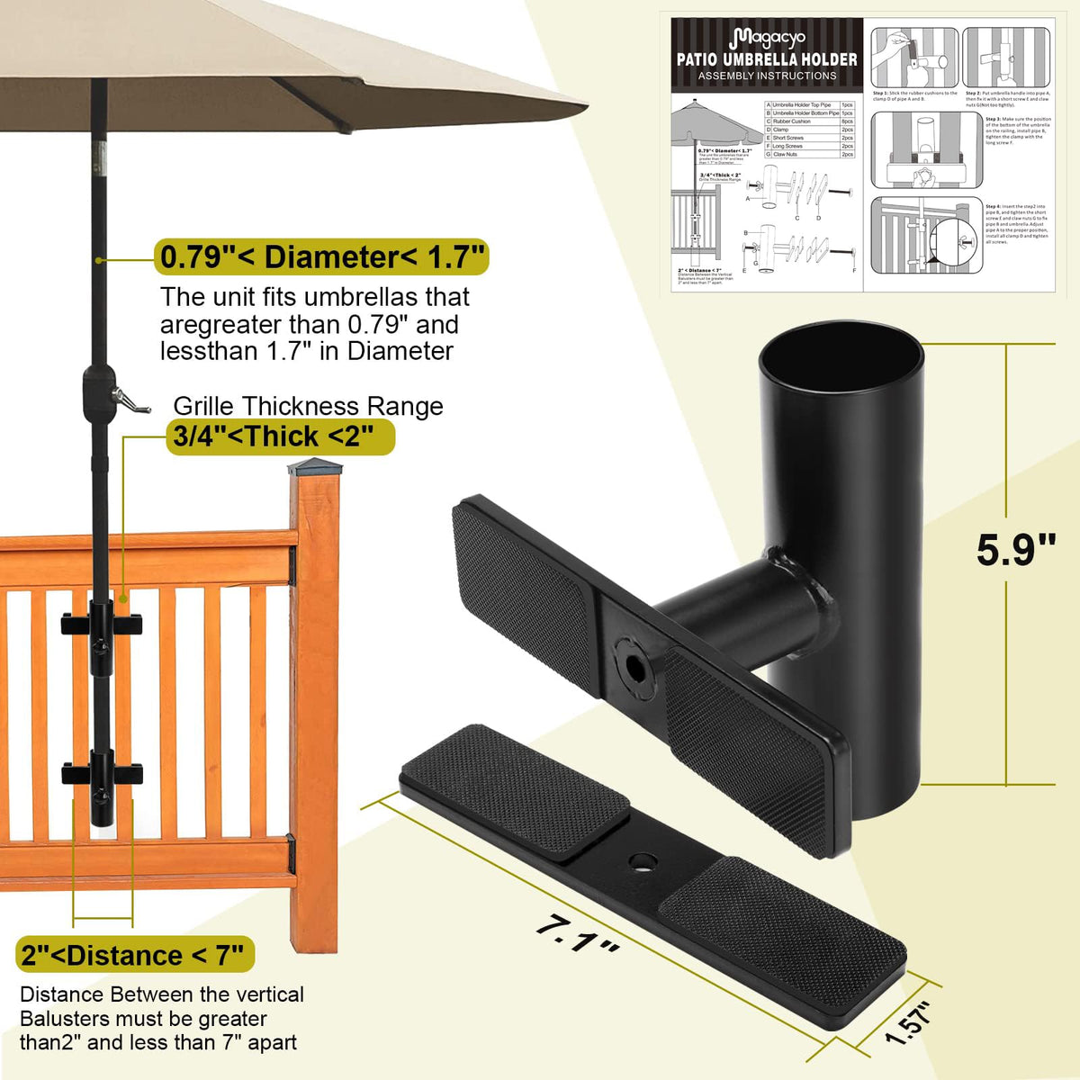 Magacyo deck railing holder provides stable shade without crowding floor space.