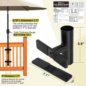 Magacyo deck railing holder provides stable shade without crowding floor space.