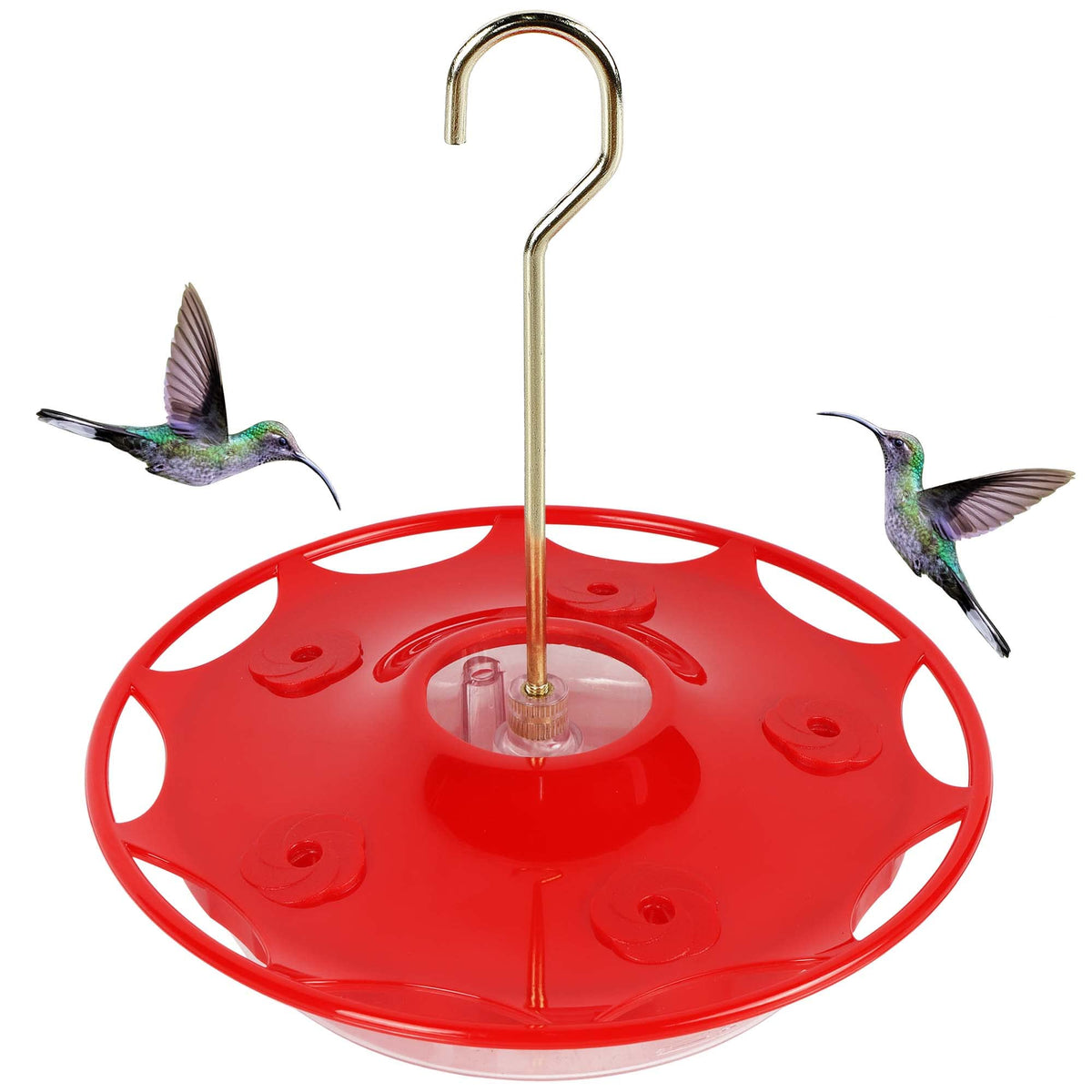 MAGGIFT Juegoal 12 oz hummingbird feeder front view with five ports for nectar access.