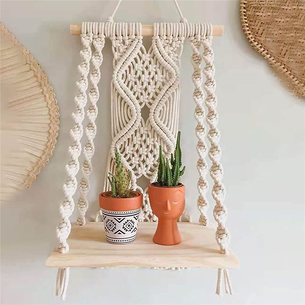 Maghat macrame wall hanging shelf close-up highlighting durable natural cotton rope for plant display.