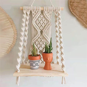 Maghat macrame wall hanging shelf close-up highlighting durable natural cotton rope for plant display.