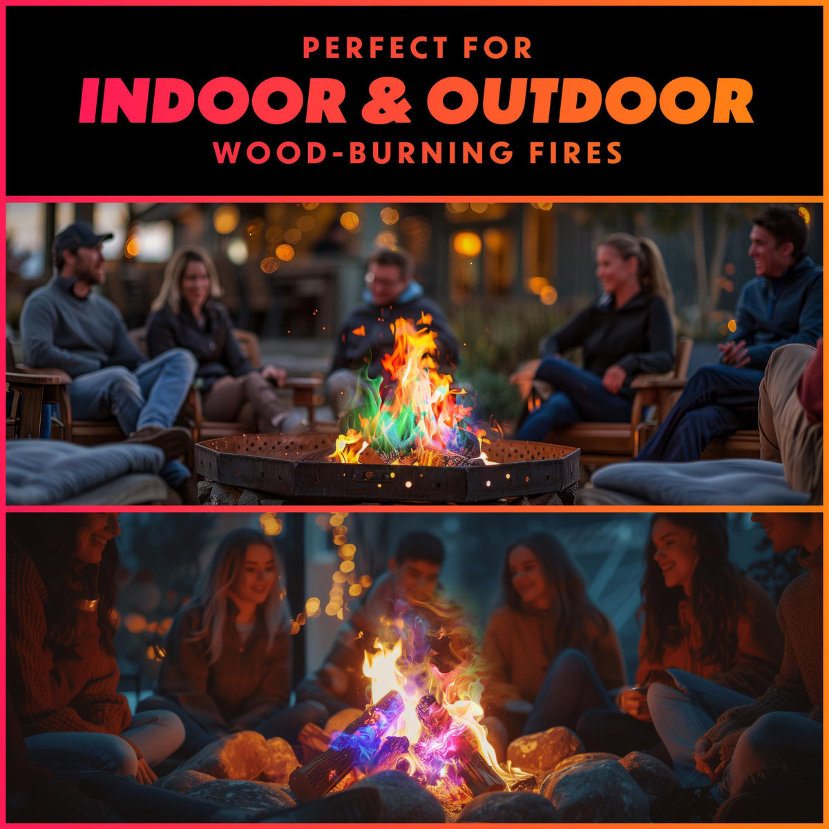 Backyard fire pit lit by color packets for festive outdoor evenings.