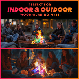 Backyard fire pit lit by color packets for festive outdoor evenings.