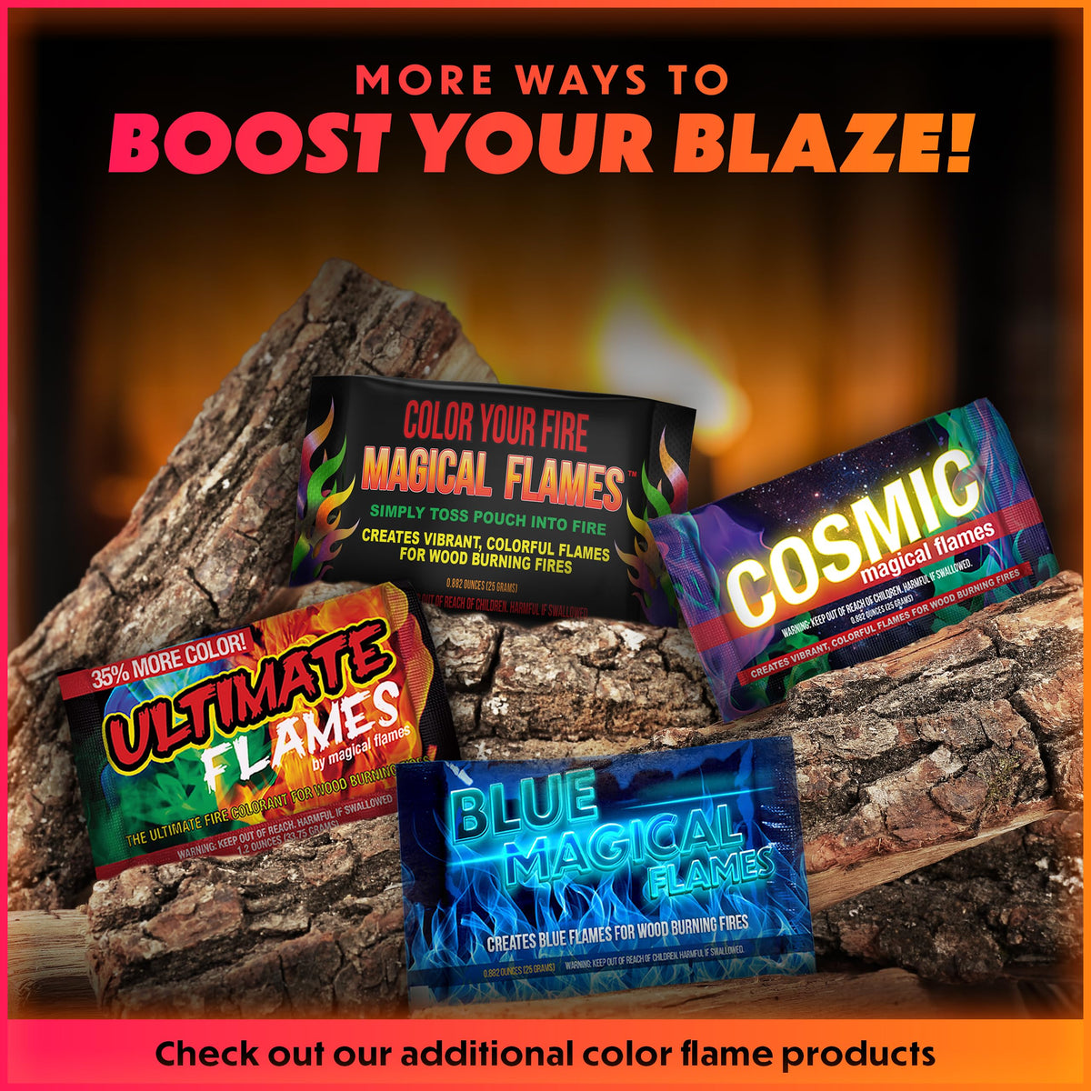 Magical Flames color packets delivering up to sixty minutes of colorful flame display.