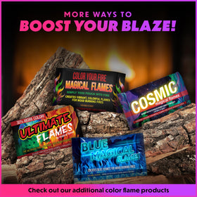 Magical Flames easy-use fire color packets drop into wood fires instantly.