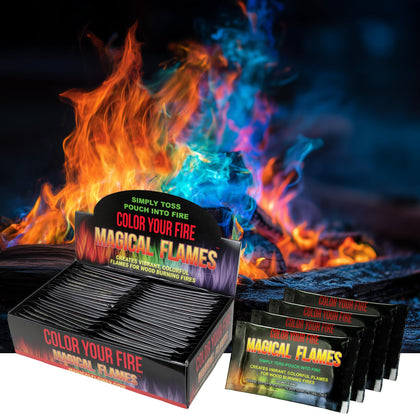 Magical Flames fire color packets showcase a 50-pack variety for vivid outdoor flames at campfires