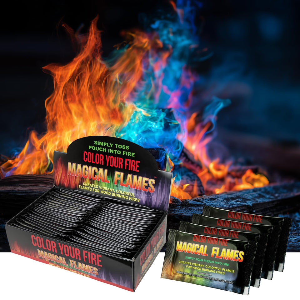 Magical Flames fire color packets showcase a 50-pack variety for vivid outdoor flames at campfires