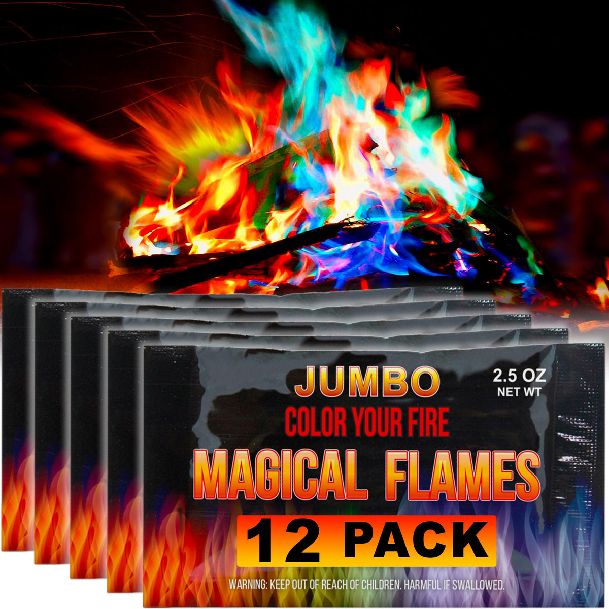 Magical Flames color packets dispersing vibrant flames in an outdoor fire pit.