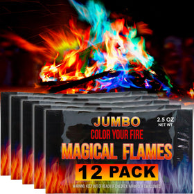Magical Flames color packets dispersing vibrant flames in an outdoor fire pit.