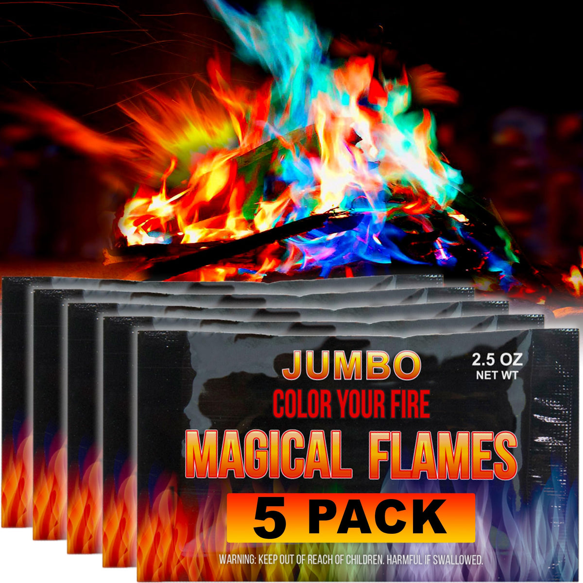 Magical Flames fire color packets jumbo 5 pack light up your fire pit with vibrant hues.