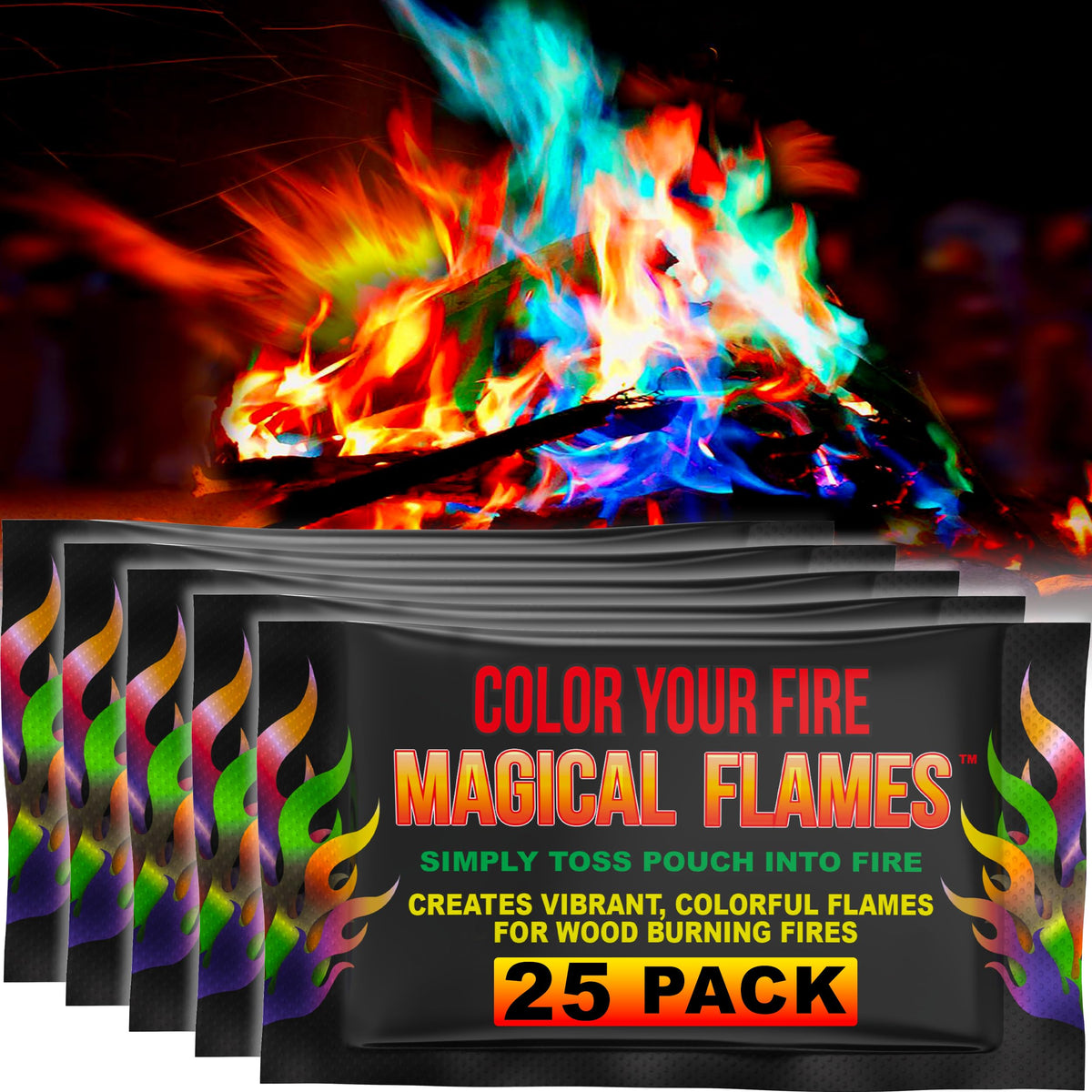 Magical Flames fire color packets packaging glows with vibrant colors for outdoor use.