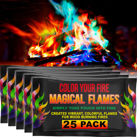 Magical Flames fire color packets packaging glows with vibrant colors for outdoor use.