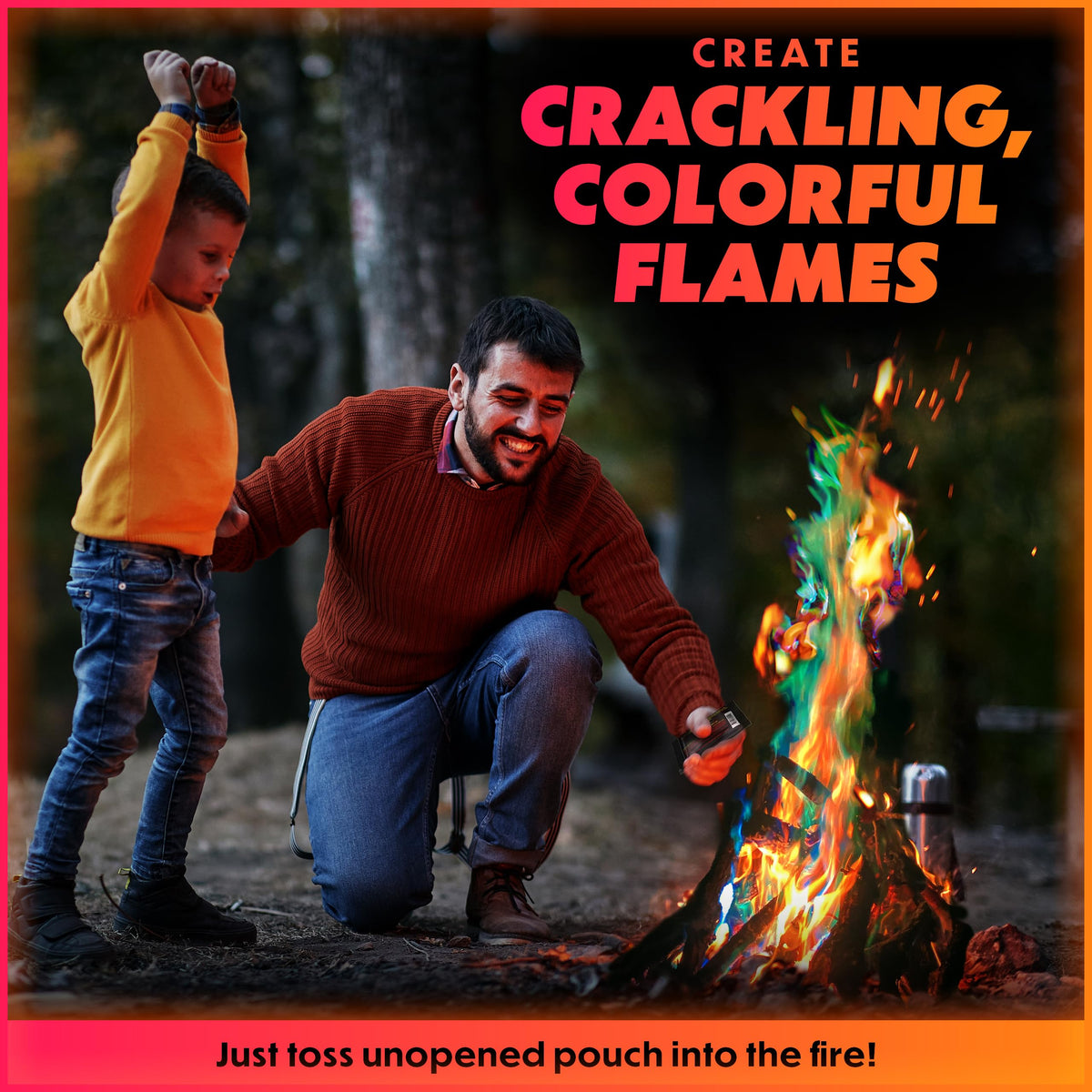 Magical Flames packets dropped into a fire pit produce colorful flames for gatherings.