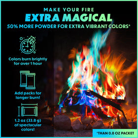 Magical Flames wood fire pit color packets brighten campsites with color