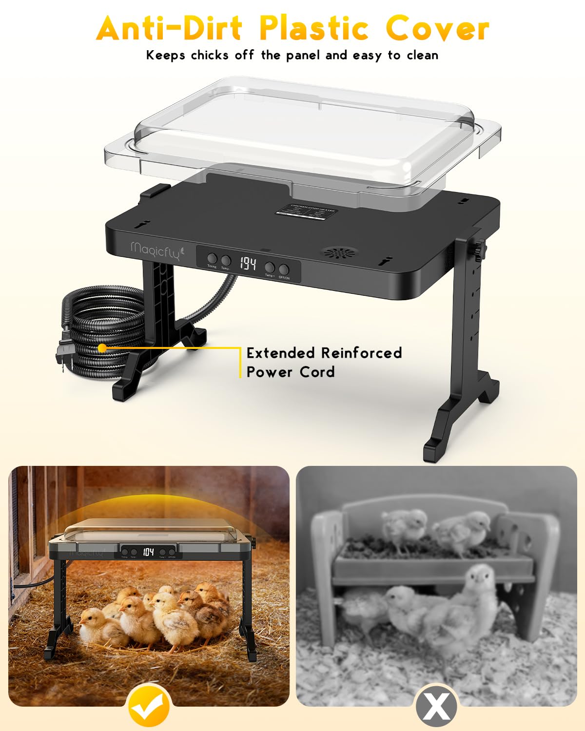 Magicfly 200W brooder plate inside coop with chicks nearby.
