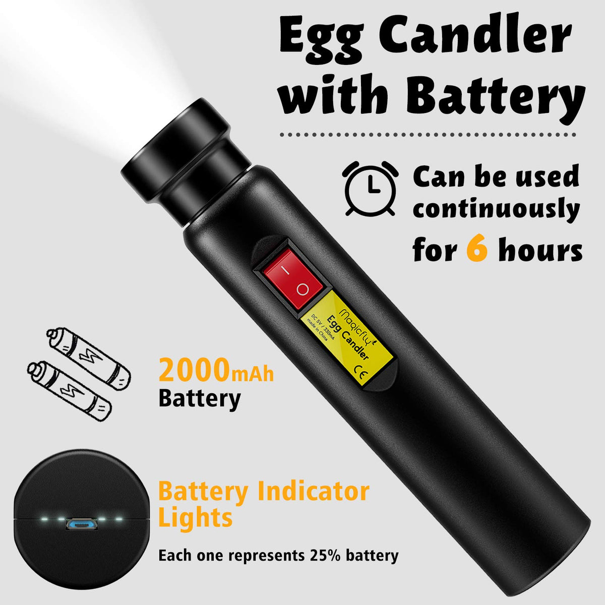 Magicfly cool LED light illuminates eggs without heat during candling.