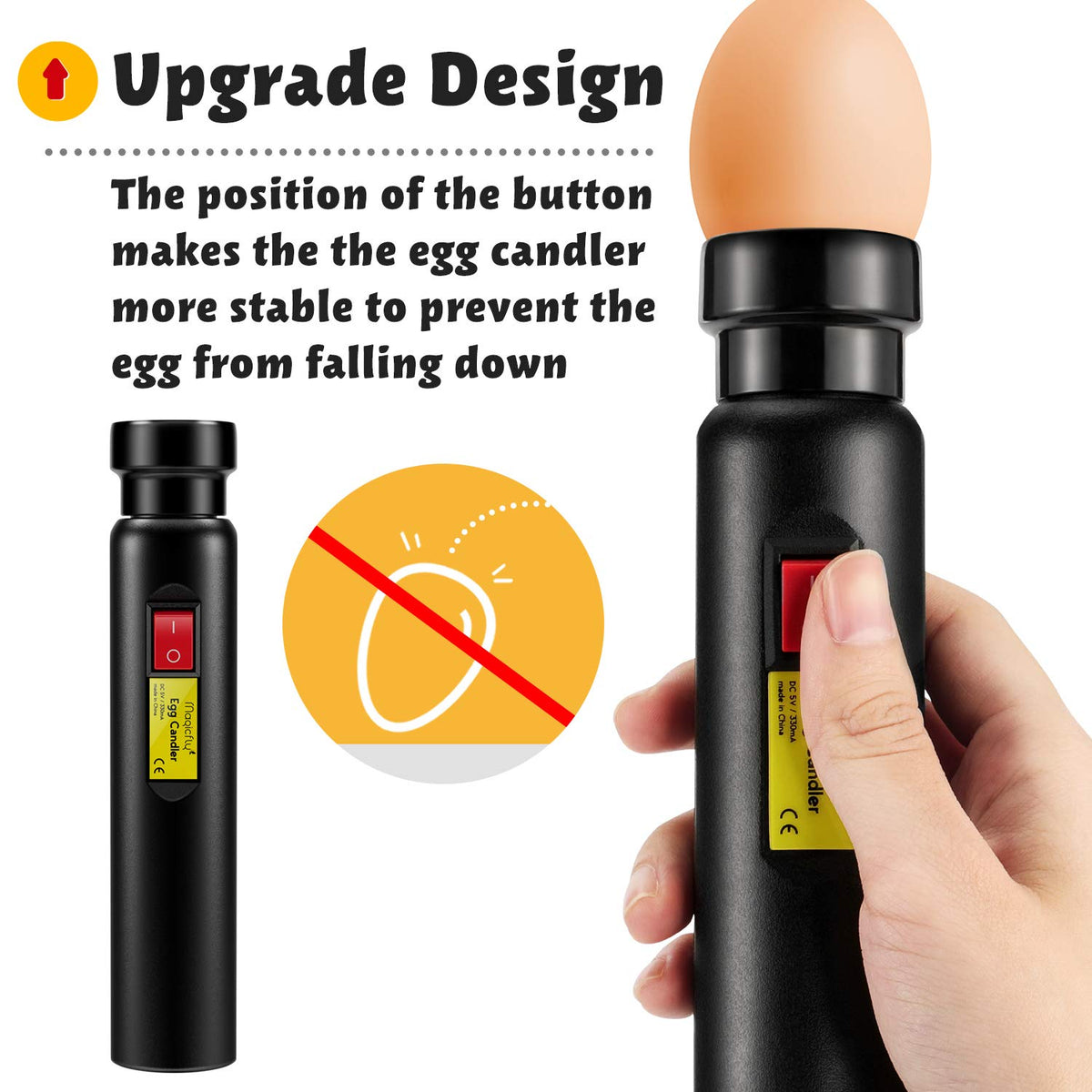 Two rubber covers adapt to large duck eggs and tiny quail eggs.