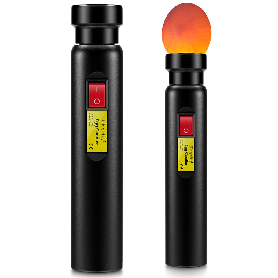 Magicfly egg candler on charging base shows portable candling lamp for indoors or outdoors.
