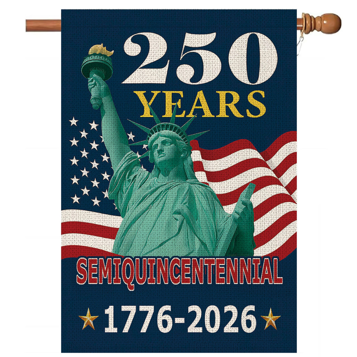 Magjiuke 250th anniversary flag front view with Liberty and fireworks for outdoor display.