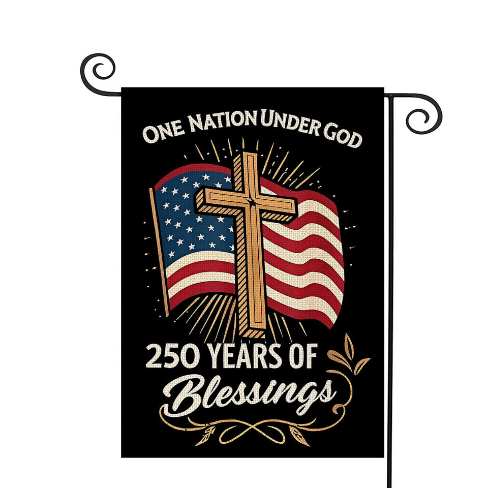MAGJIUKE Blessings America garden flag shows patriotic cross on burlap for outdoor display.