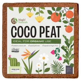 MagJo Naturals coco coir block close-up shows fibrous texture ideal for seed starting