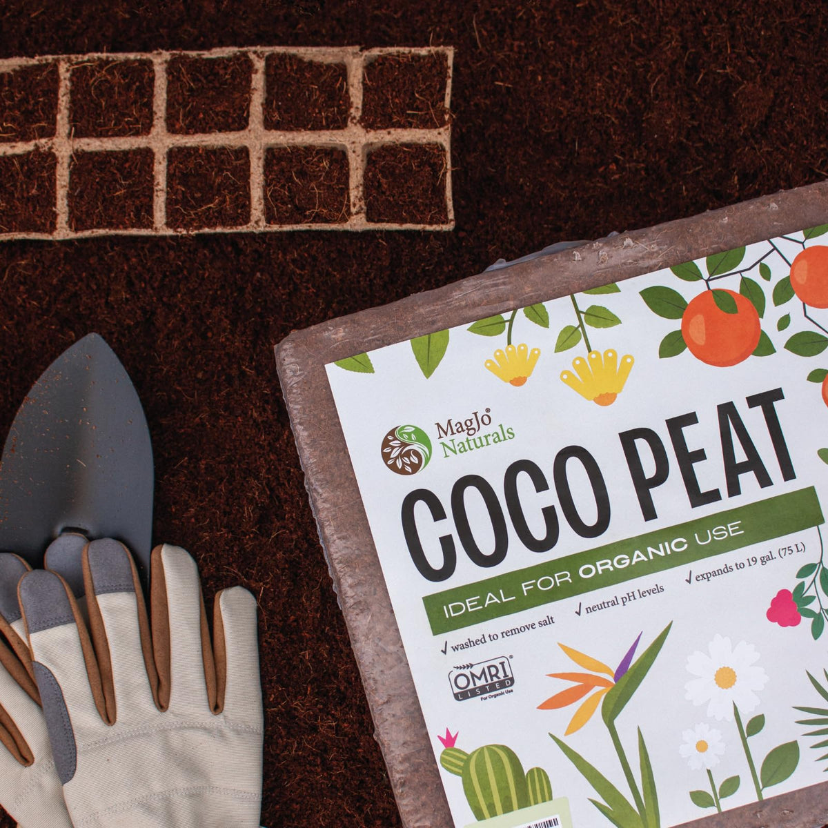 MagJo Naturals coco coir block expanded view demonstrates high expansion for potting mixes