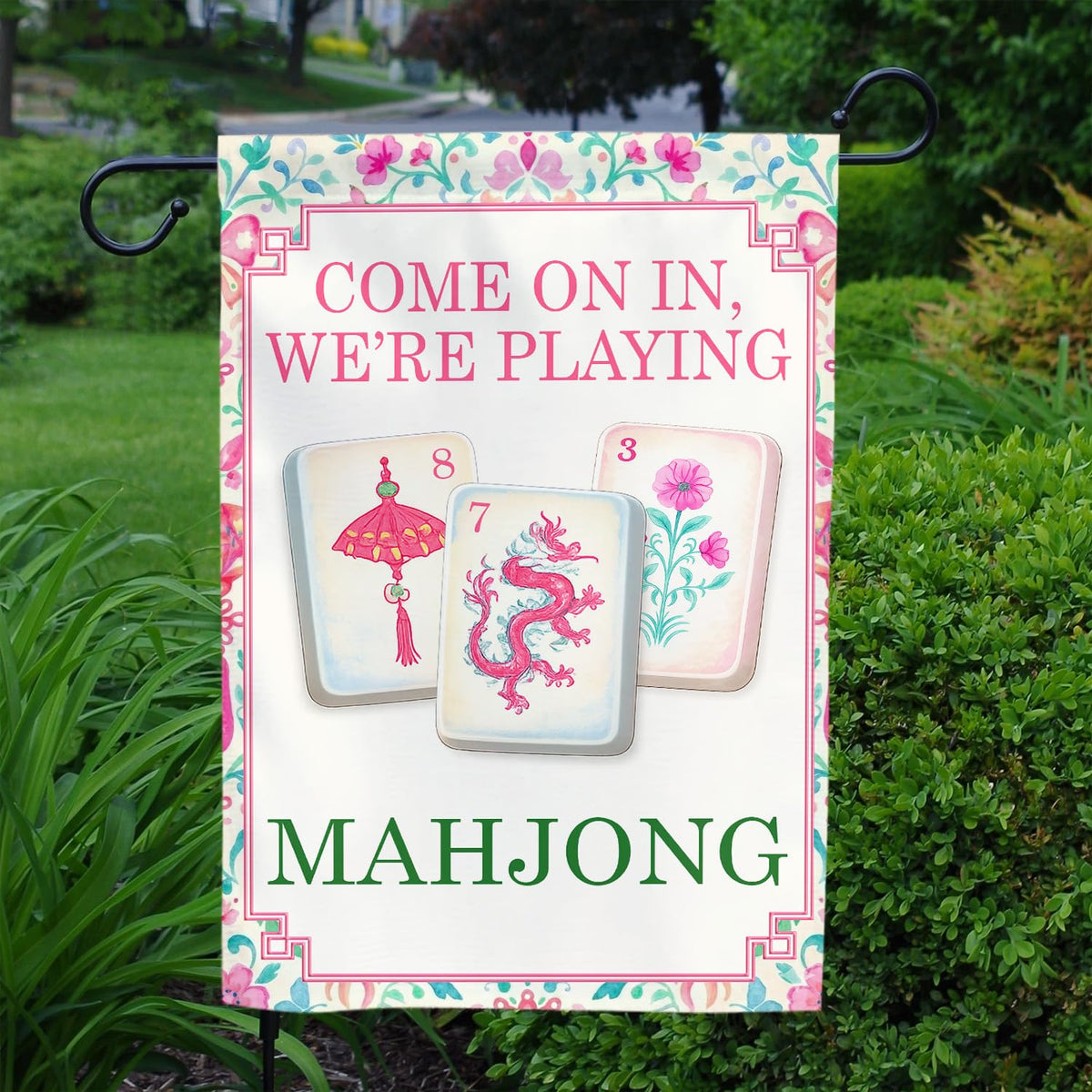 MAIANEY Mahjong Welcome Flag back view, clearly visible from the street.