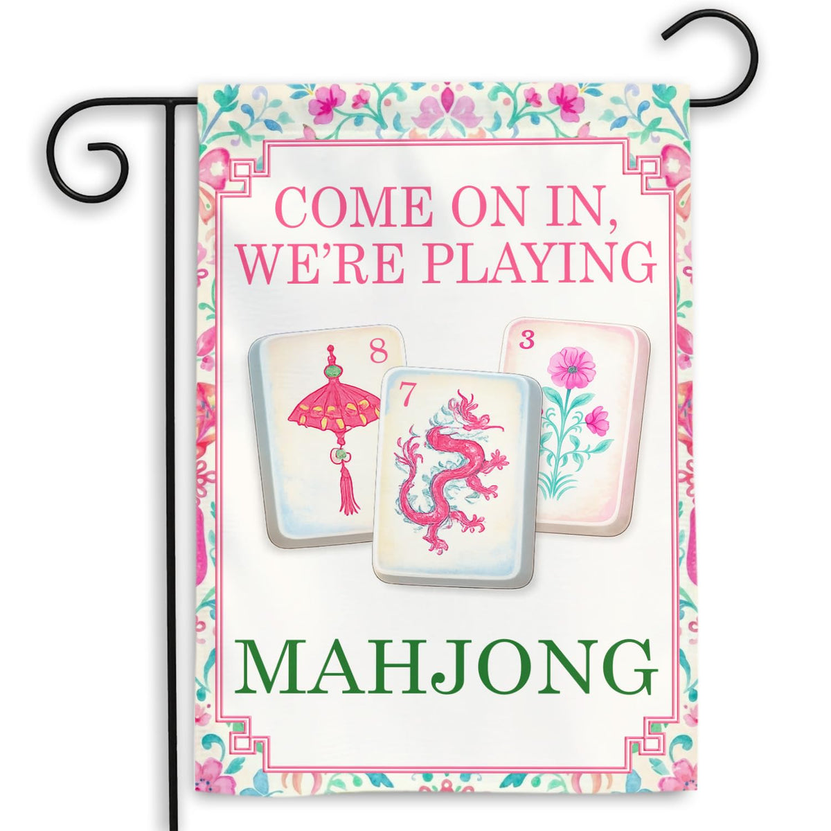 MAIANEY Mahjong Welcome Flag front view with vibrant colors for outdoor entry.