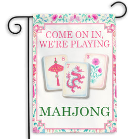 MAIANEY Mahjong Welcome Flag front view with vibrant colors for outdoor entry.