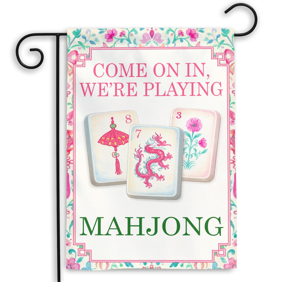 MAIANEY Mahjong Welcome Flag front view with vibrant colors for outdoor entry.
