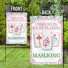 MAIANEY Mahjong Welcome Flag in garden sunlight shows vivid print for outdoors.
