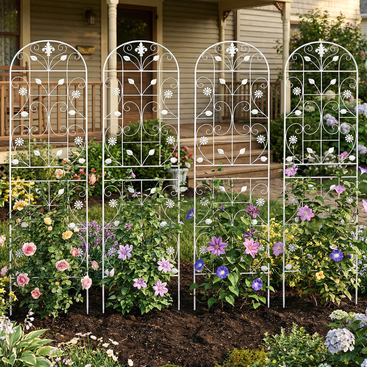 Decorative white Maidapulu trellis enhances outdoor patio area
