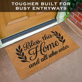 MAINEVENT Bless This Home Doormat on a covered patio setup.