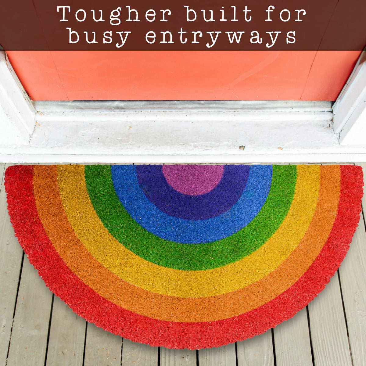MAINEVENT Cute Doormat Rainbow features weather-resistant fibers that stay vibrant.