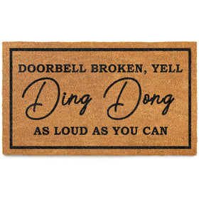MAINEVENT Ding Dong doorbell doormat on patio adds a playful welcome for guests.