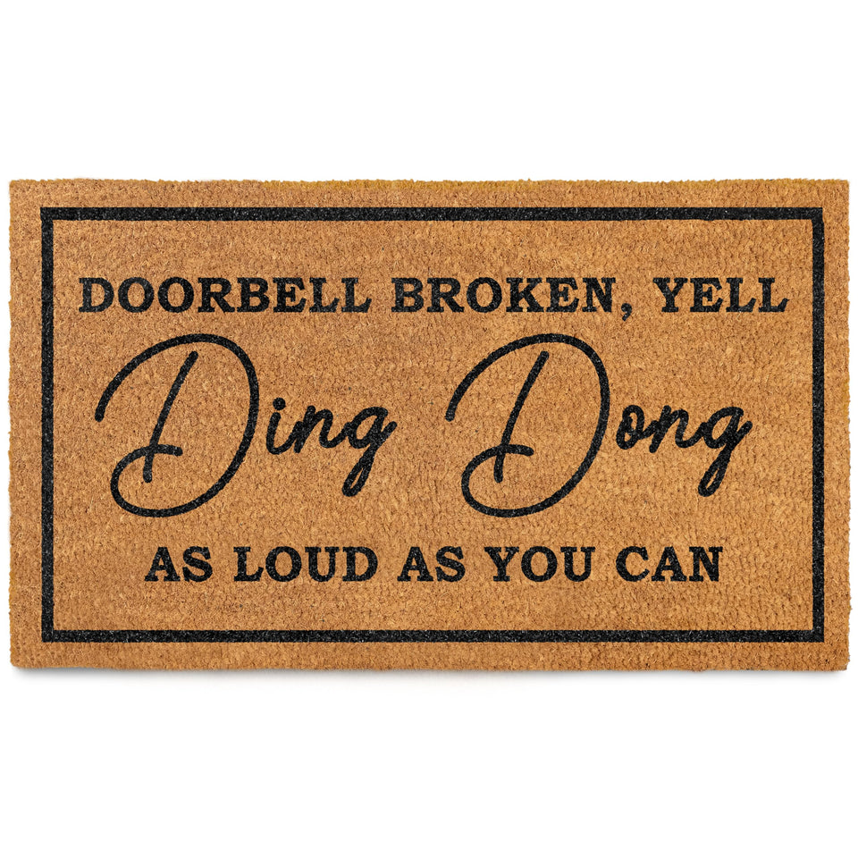 MAINEVENT Ding Dong doorbell doormat on patio adds a playful welcome for guests.