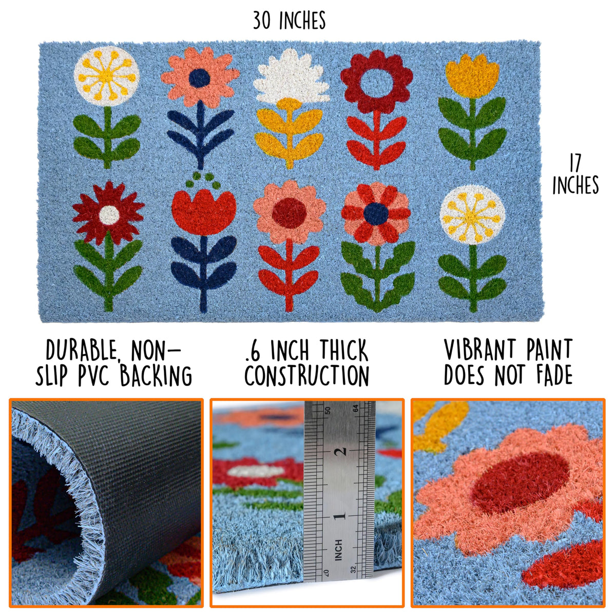 MAINEVENT Floral Doormat coir texture closeup emphasizes durable natural fibers.