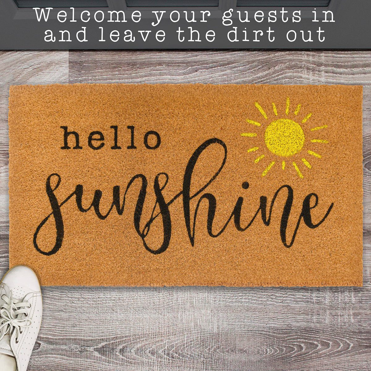 MAINEVENT Hello Sunshine front door mat shown beside seasonal plants and welcome sign.