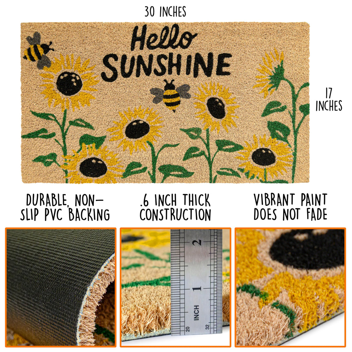MAINEVENT Hello Sunshine Sunflower Welcome Mat closeup coir fibers show durable texture