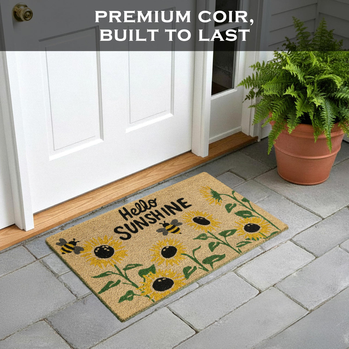 MAINEVENT Hello Sunshine Sunflower Welcome Mat design detail highlights sunflower motif and sunny palette