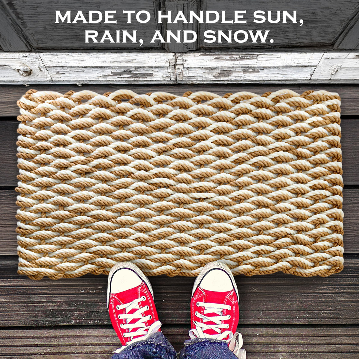 MAINEVENT Lobster rope mat sand 30x17-close-up weave highlights nautical texture.