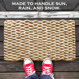 MAINEVENT Lobster rope mat sand 30x17-close-up weave highlights nautical texture.