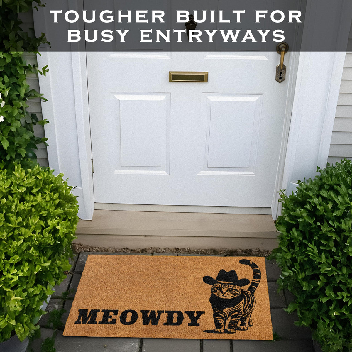 MAINEVENT Meowdy Doormat on covered patio demonstrates non-slip backing for steady footing