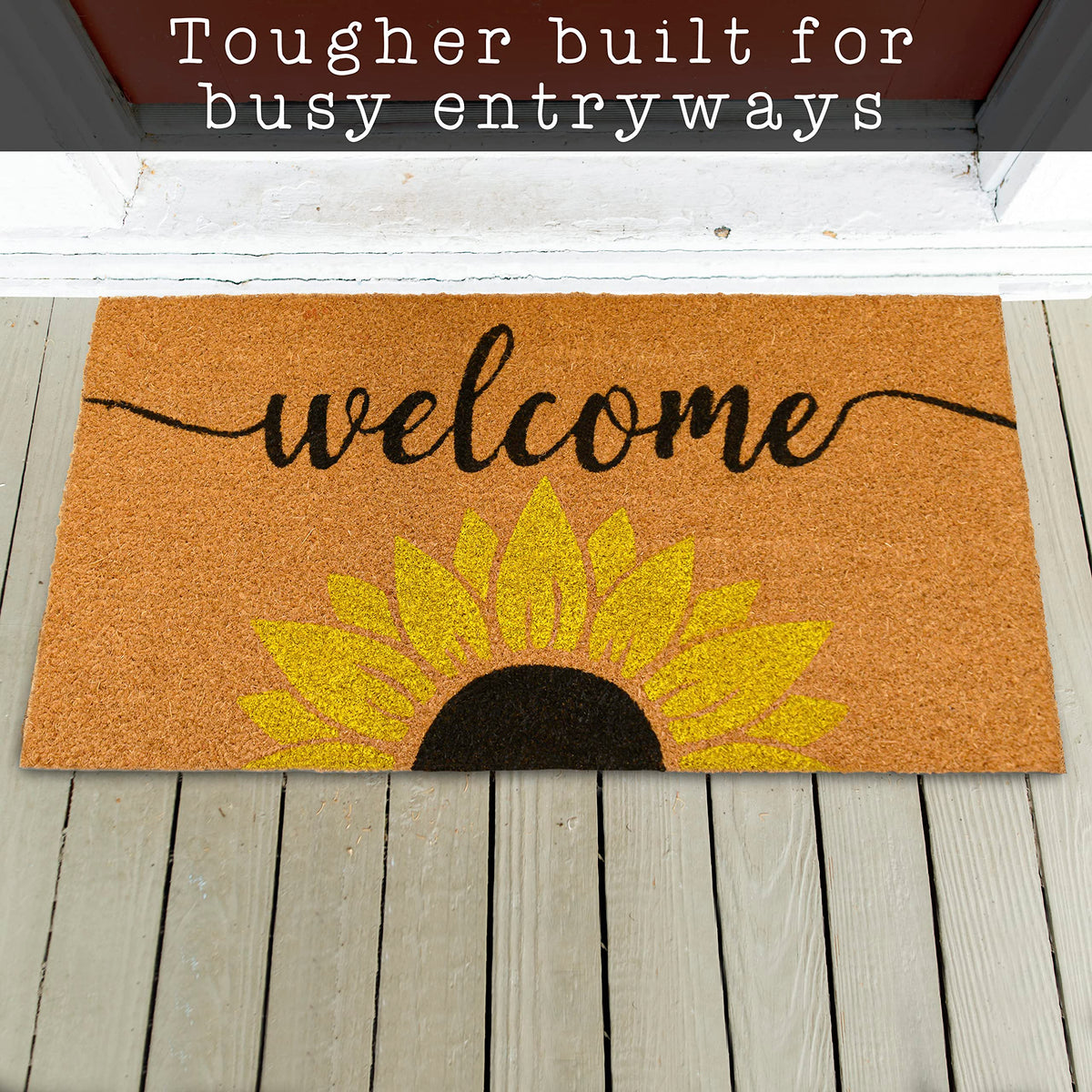 MAINEVENT sunflower mat with non-slip backing stays in place outdoors