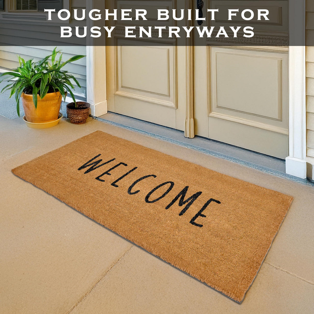 MAINEVENT Welcome Long Door Mat outdoor porch angle shows wide coverage for covered entries.
