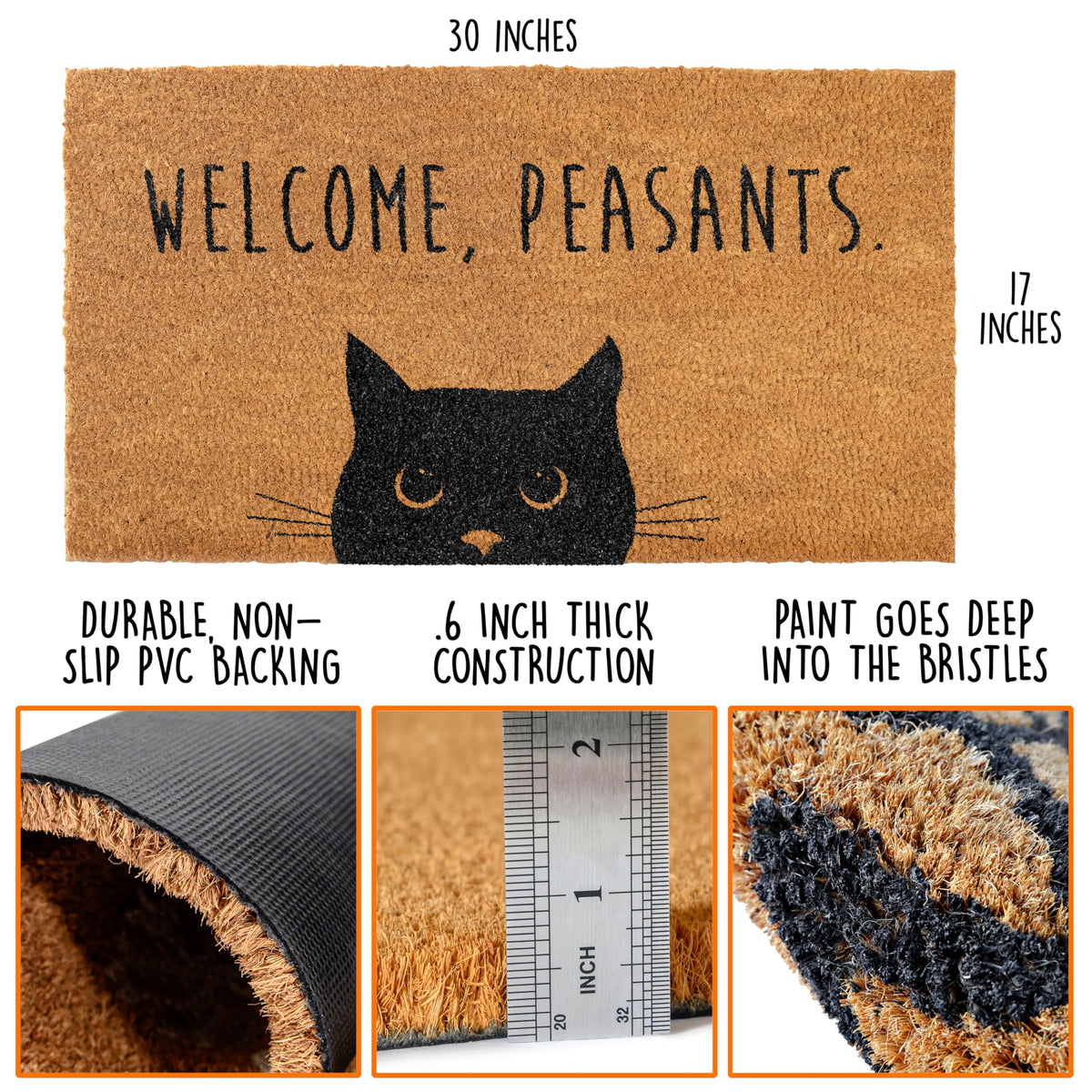 MAINEVENT cat doormat close-up reveals black cat detail and whimsical design.