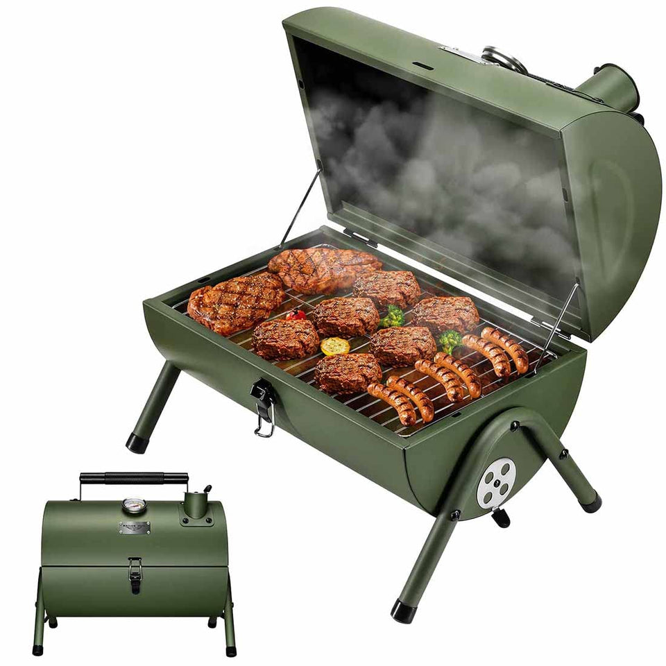 MAISON HUIS adjustable portable grill with lid thermometer for precise cooking.