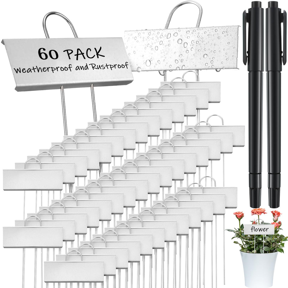 Maitys 60 silver metal plant labels for garden identification and organization.